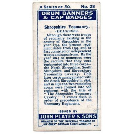 PLAYER'S CIGARETTE CARD DRUM BANNERS & CAP BADGES 1924 No.28#SHROPSHIRE YEOMANRY