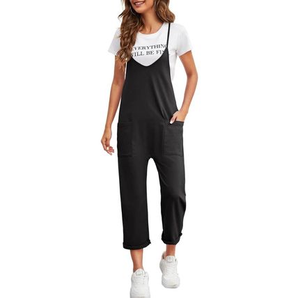 Black Pocketed Adjustable Spaghetti Strap Straight Leg Jumpsuit