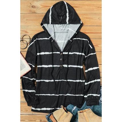 Black Striped Drawstring Button Long Sleeve Hoodie