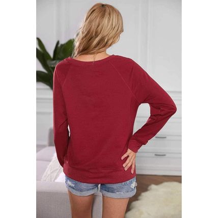 Wine Red Solid Crew Neck Pullover Sweatshirt
