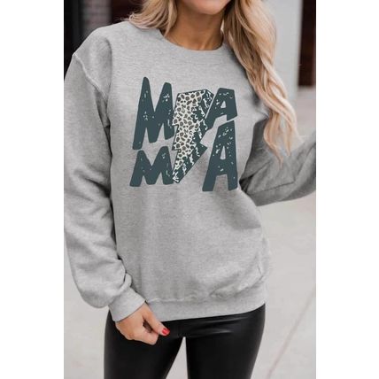 Gray MAMA Lightning Leopard Print Long Sleeve Sweatshirt