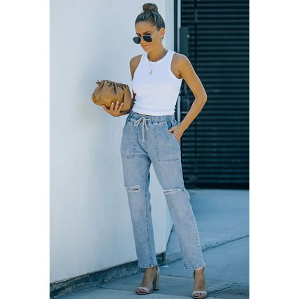 Sky Blue Gather Round Distressed Pocketed Denim Jogger