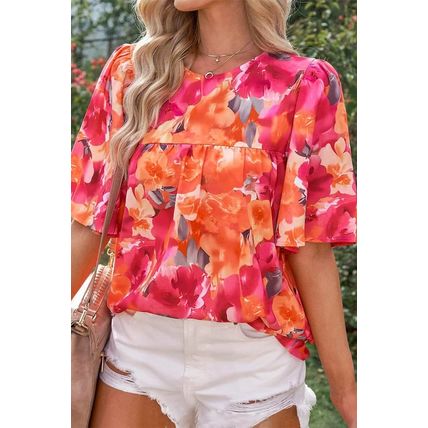 Red Floral Print Wide Sleeve Blouse