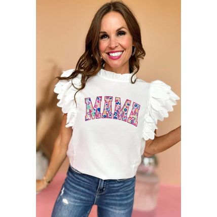 White MAMA Leopard Embroidered Layered Scalloped Sleeve Top