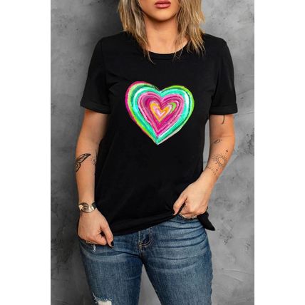 Black Valentine Heart Shaped Print Crew Neck T Shirt