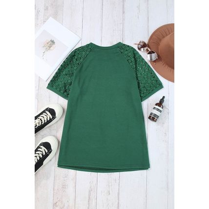 Blackish Green Seamed Detail Contrast Lace Raglan Sleeve Tee