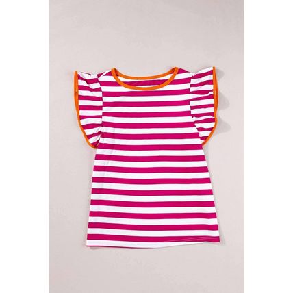 Rose Red Striped Ruffle Sleeve Crew Neck Blouse