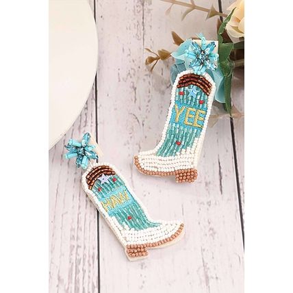 Light Blue Cowboy Boots Rice Bead Dangle Earrings
