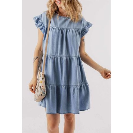 Beau Blue Ruffle Short Sleeve Tiered A-line Denim Dress
