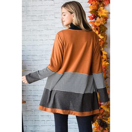 Orange Colorblock Striped Patchwork Open Cardigan