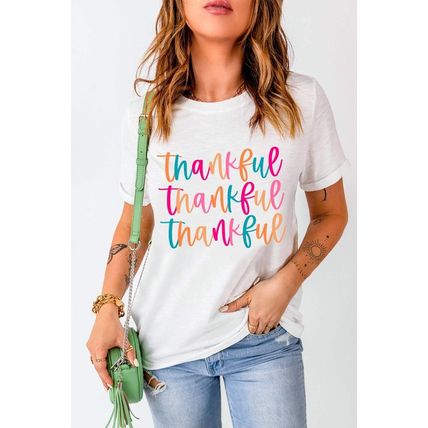 White Thankful Printed Crewneck Thanksgiving T Shirt