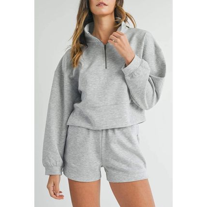 Light Grey Stand Neck Zipped Sweatshirt and Shorts Set