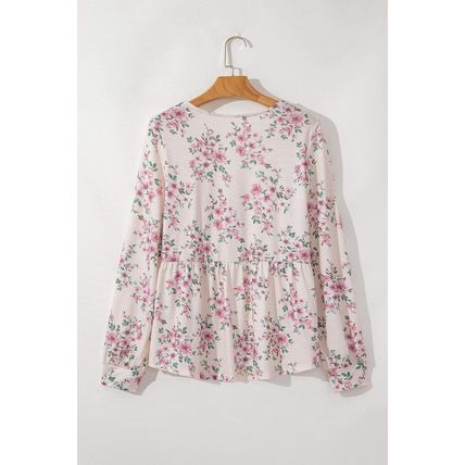 Pink Floral Print Pleated U Neck Loose Fit Blouse