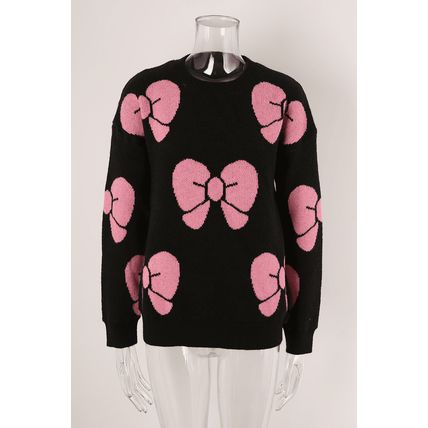 Black Valentine Bowknot Knitted Round Neck Fashion Sweater