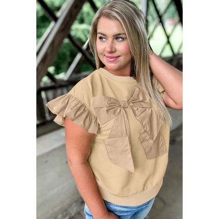 Parchment Ruffled Short Sleeve Bowknot Applique Crew Neck Plus Size Top