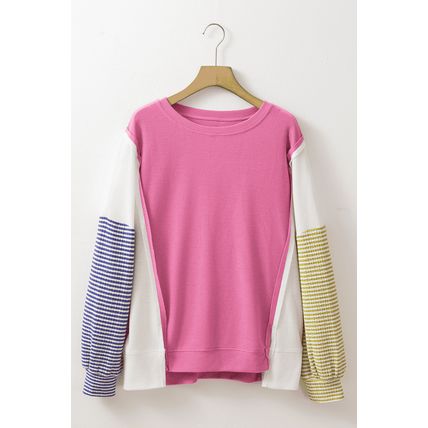 Sachet Pink Exposed Seam Striped Color Block Patchwork Long Sleeve Top