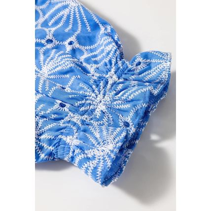 Sky Blue Eyelet Flower Embroidery Frilled Short Puff Sleeve Blouse