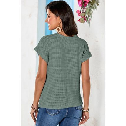 Mist Green Lace Patchwork Waffle Short Sleeve Top