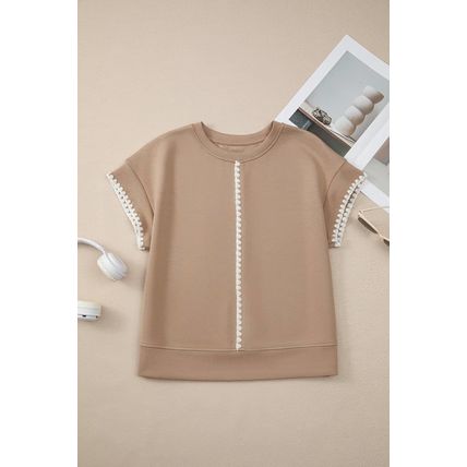 Straw Yellow Ric Rac Color Contrast Ribbed Edge Crewneck T Shirt