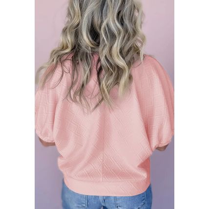 Light Pink Contrast Striped Collar Patchwork Textured Half Sleeve Blouse