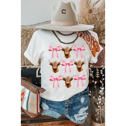White Coquette Highland Cow Png Bows Graphic Tee