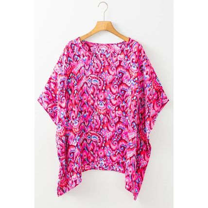 Pink Abstract Print V Neck Half Sleeve Loose Fit Tunic Blouse