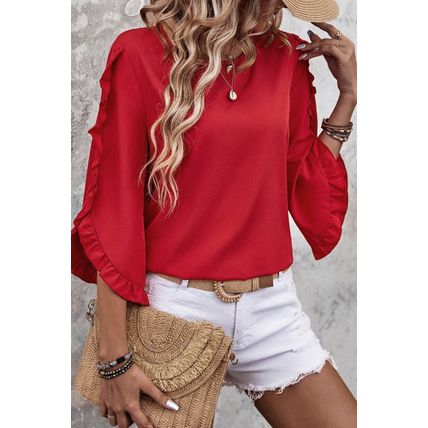 Fiery Red Ruffle Trimmed 3/4 Sleeve Round Neck Blouse