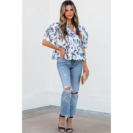 Purple Floral Ricrac Trim Half Sleeve Peplum Top