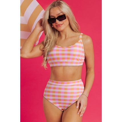 Pink 3pcs Gingham High Waist Bikini & Sarong