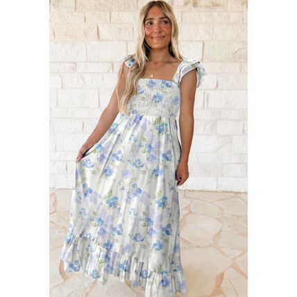 Sky Blue Floral Smocked High Waist Double Ruffle Sleeveless Long Dress