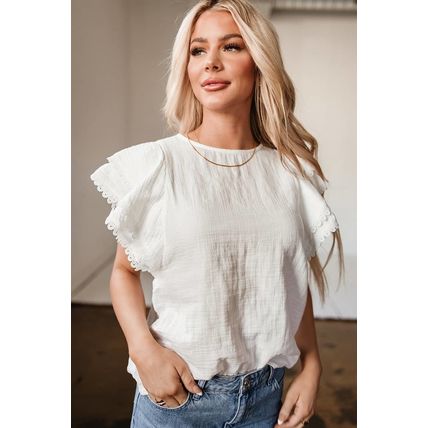 White Crinkled Layered Ruffled Flutter Sleeve Blouse
