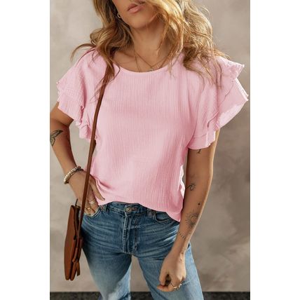 Light Pink Crinkled Cotton Gauze Ruffle Sleeve Blouse