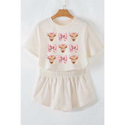 Beige Cow with Bows Cropped Tee and Skort Set