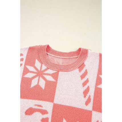 Pink Candycane Snowflake Checker Christmas Holiday Drop Shoulder Tunic Loose Swe