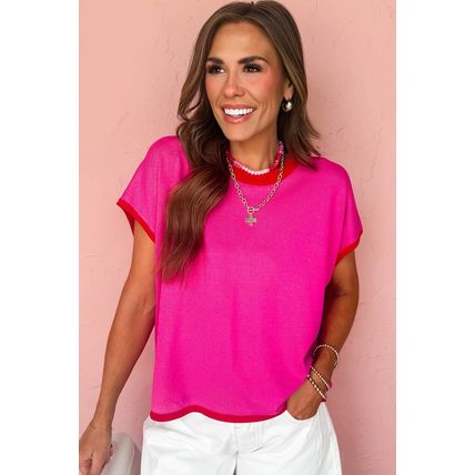 Rose Red Contrast Trim Round Neck Short Sleeve Loose Knit Sweater