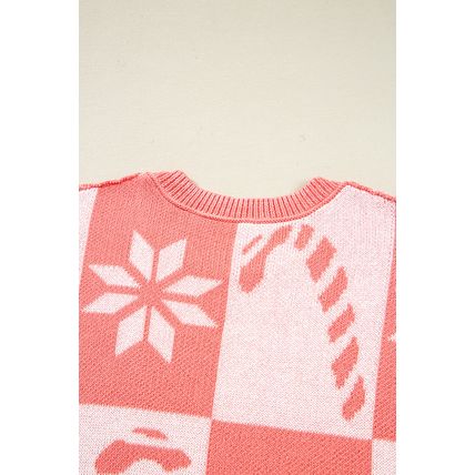 Pink Candycane Snowflake Checker Christmas Holiday Drop Shoulder Tunic Loose Swe