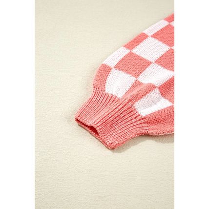 Pink Candycane Snowflake Checker Christmas Holiday Drop Shoulder Tunic Loose Swe
