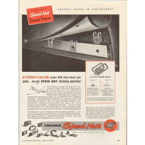 tinnerman products inc 1953 convair speed nut fastening vintage ad