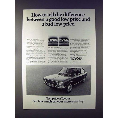 1972 Toyota Corolla 1200 Car Ad - Good Low Price!