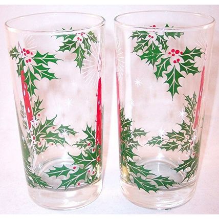 Set of 2 Holly Candle Red & Green Holiday Drinking Glasses Tumblers 12 oz.