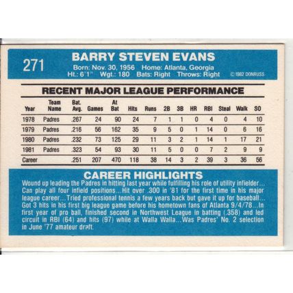 1982 Donruss baseball card 271 Barry Evans