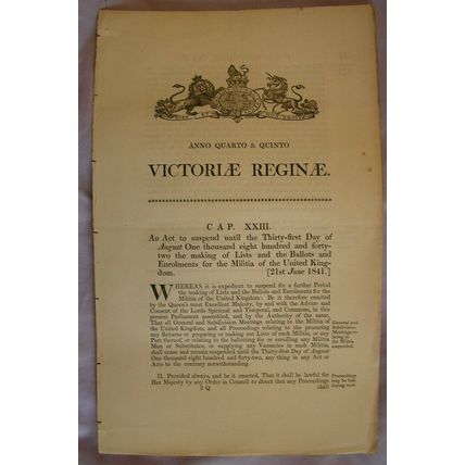 1841 Act of Parliament: Lists Ballots Enrolment Militia