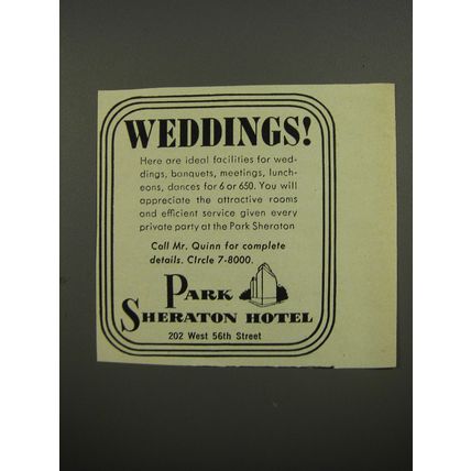 1953 Park Sheraton Hotel Advertisement - Weddings!