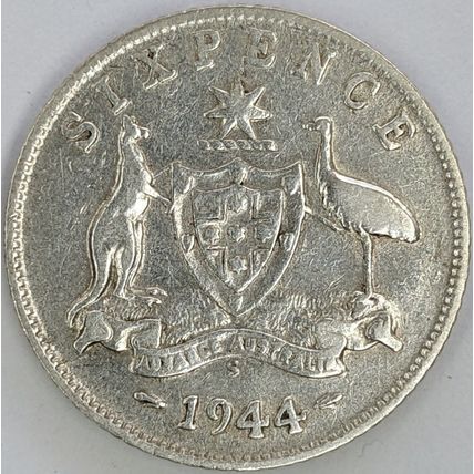 AUSTRALIA 1944 Sixpence - S mint mark, 92.5% Silver (D- D)