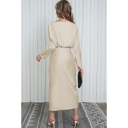Apricot Satin Wrap Tie Side Boat Neck Long Sleeve Dress