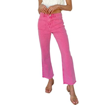 Pink Ankle-length Flare Leg Raw Hem Jeans