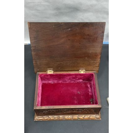 Hand Carved Wooden Stash Trinket Jewelry Box Vintage Purple Fabric