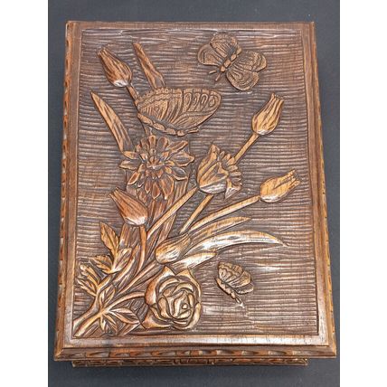 Hand Carved Wooden Stash Trinket Jewelry Box Vintage Purple Fabric