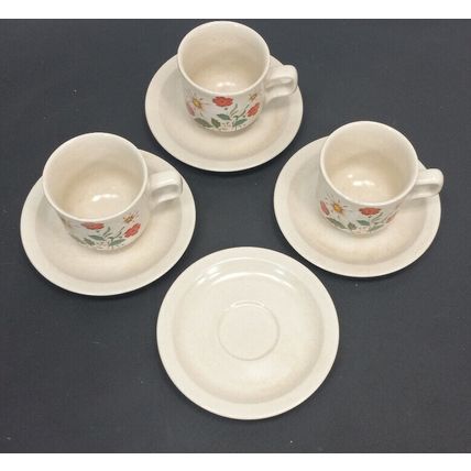 Vintage Sunshine Stoneware Coffee Cups White Red Flowers Set Of 3 Mugs 4 Saucers