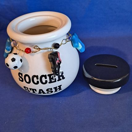 White Ceramic SOCCER STASH BANK Ball Savings Pot MONEY Jar CHARMS